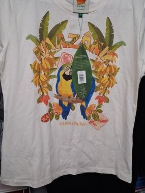 FARM Rio White Graphic Tee with Blue & Yellow Parrots